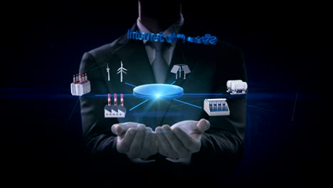 Businessman-opens-two-palms,-Smart-Factory,-solar-panel,-wind-generator,-Hydroelectricity-connect-Internet-of-things,-green-energy.-4k-movie.