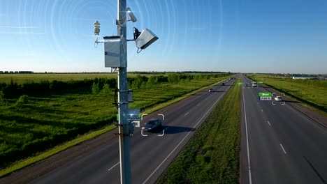 Verkehr-Geschwindigkeit-Radar-tracking-Control-Illustration-mit-Infografik-automovil-Autos-automatische-Geschwindigkeitserkennung-und-Polizei-Center-Informationen-zukommen.-Künstliche-Intelligenz-arbeiten.-Grüne-Infografik-Design.