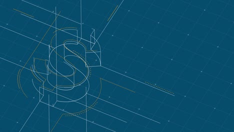 Moneda-USD-(Dólares-de-los-Estados-Unidos)-símbolo-isométrico-punto-y-línea-de-guión-marco-estructura-estructura-wireframe,-dinero-digital-criptomoneda-concepto-en-la-animación-de-fondo-azul-4K