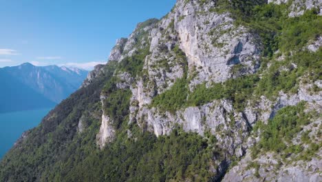 drone-is-flying-back-from-cliff-covered-forest,-placed-near-blue-lake-in-sunny-day,-amazing-landscape