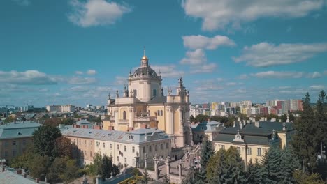 Aerial-view-of-St.-Jura-St.-George's-Cathedral-church-in-town-Lviv,-Ukraine