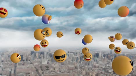 Emoji-icons-flying-over-cityscape-4k