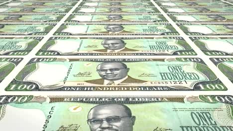 Banknotes-of-one-hundred-dollars-of-the-bank-of-Liberia-rolling-on-screen,-coins-of-the-world,-cash-money,-loop