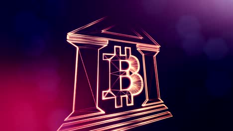 Signo-de-bitcoin-insignia-dentro-del-edificio-del-Banco.-Fondo-financiero-hecho-de-partículas-de-brillo-como-holograma-vitrtual.-Animación-loop-3D-brillante-con-la-profundidad-de-campo,-bokeh-y-copia.-Fondo-violeta-1.