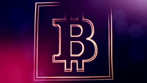 Sign-of-bitcoin-digital-square-icon.-Financial-background-made-of-glow-particles-as-vitrtual-hologram.-Shiny-3D-loop-animation-with-depth-of-field,-bokeh-and-copy-space.Violet-background-1