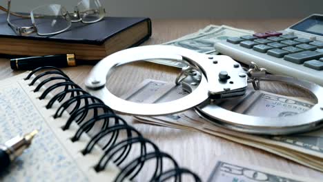 Financial-crime.-Handcuffs-droping-on-dollar-bills-and-accounting-book.-Fraud-and-money-concept.