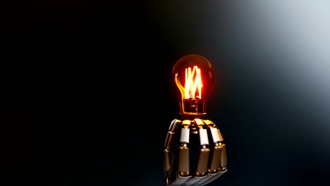 Cyborg-robotic-hand-gives-light-bulb-to-viewer,-symbol-of-creation-idea-by-artificial-intelligence.-Abstract-dark-background,-60-fps-animation