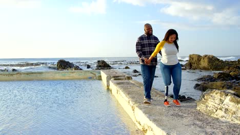 Happy-couple-walking-with-hand-in-hand-on-pier-4k