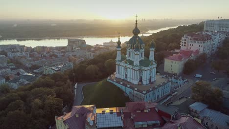 Aerial-view-of-Saint-Andrew's-church-in-Kiev,-Ukraine