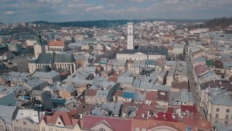 Aerial-City-Lviv,-Ukraine.-European-City.-Popular-areas-of-the-city.-Rooftops