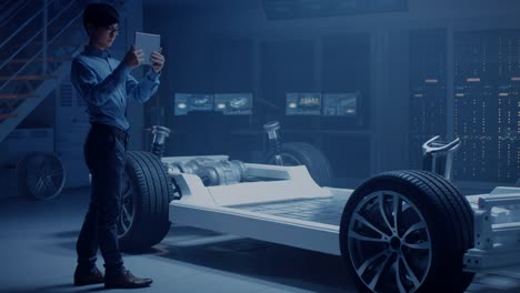 Automobil-Ingenieur-arbeitet-auf-Elektro-Auto-Chassis-Plattform,-mit-Tablet-Computer-Augmented-Reality-mit-3D-CAD-Software-Modellierung.-Innovative-Anlage:-Fahrzeugrahmen-mit-Rädern,-Motor,-Batterie