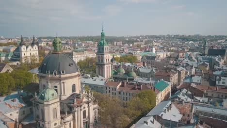 Aerial-City-Lviv,-Ukraine.-European-City.-Popular-areas-of-the-city.-Dominican