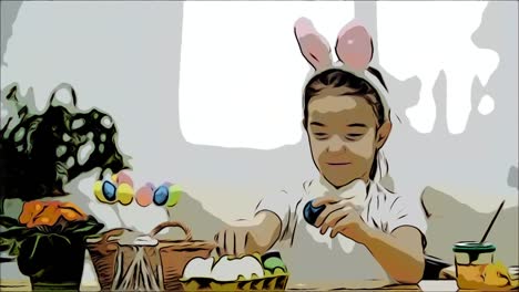 Little-cute-and-adorable-girl-is-smiling-and-playing-with-colorful-chicken's-eggs-in-his-hands.-Concept-Easter-holiday.