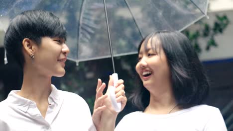 Slow-motion-Close-up-of-happy-lesbian-couple-walking-in-the-rain-and-holding-umbrella-together