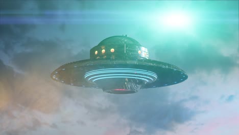 ufo-fliegende-Untertasse-auf-dunklem-Hintergrund.-3D-Rendern