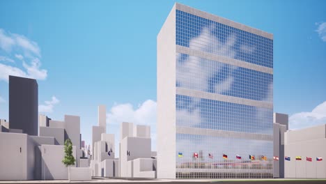 UN-headquarters-in-New-York-seamless-footage.-United-Nations,-international-government-office-looped-animation.-Manhattan-landmark.-General-assembly-building-with-member-countries-flags-video