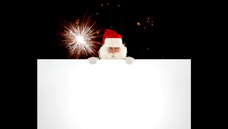 Santa-Claus-appears-behind-a-white-sheet-against-holiday-fireworks,-on-black