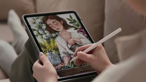 Artist-Drawing-Plants-at-Home-Room-or-Woman-Using-Tablet-and-Pen-for-Digital-Art