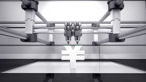 3D-printer-making-Yen-money-grey-currency-sign,-3D-scanner