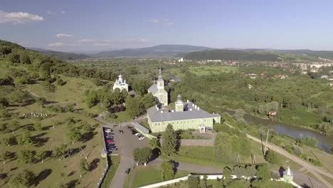 Flying-over-Saint-Nicholas-Monastery,-Mukachevo,-Ukraine