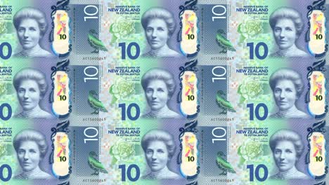 Banknotes-of-ten-dollars-of-New-Zealand-rolling,-cash-money,-loop