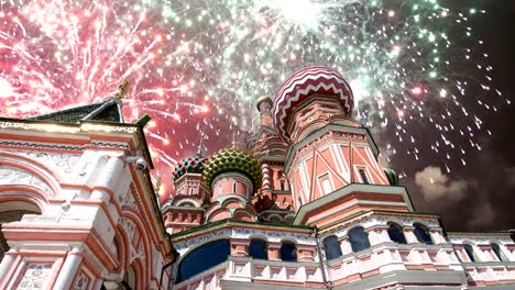 Cathedral-of-Intercession-of-Most-Holy-Theotokos-on-the-Moat-(-Temple-of-Basil-the-Blessed)-and-fireworks,--Red-Square,-Moscow,-Russia