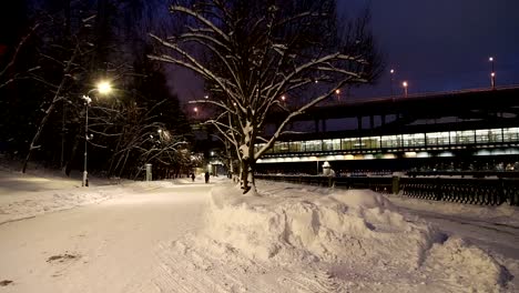 Río-de-Moskva,-Luzhnetskaya-(puente-de-Metro)-en-una-noche-de-invierno.-Moscú,-Rusia