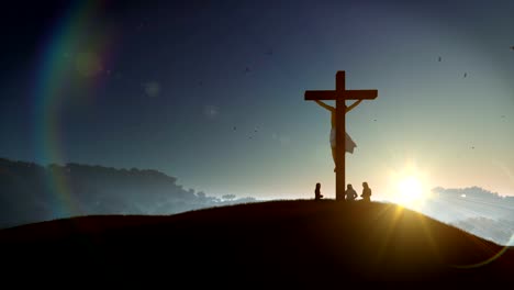 Christians-praying-at-Jesus-cross-at-sunset,-4K