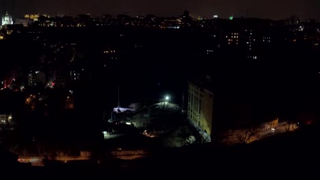 Aerial-shooting-night-city-Kiev-and-St-Andrew's-Church,-Europe,-Ukraine