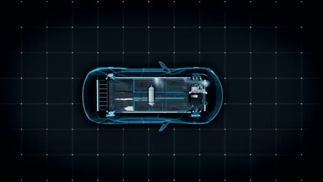 Elektronische,-Ionen-Batterie-Echo-Auto.-Autobatterie-aufladen.-Batteriekontrolle,-zukünftiges-Auto.-Ansicht-von-oben.-4-k-Film.