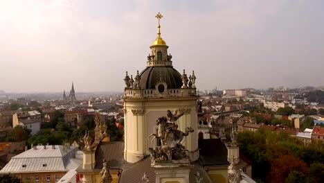 Aerial-view-of-St.-Flying-over-Cathedral-of-St.-Jura-St.-George's---Greek-Catholic-Cathedral.-Ukraine