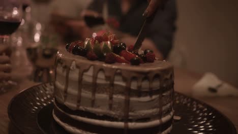 Close-up-of-woman-cutting-slices-of-gourmet-dessert-birthday-cake