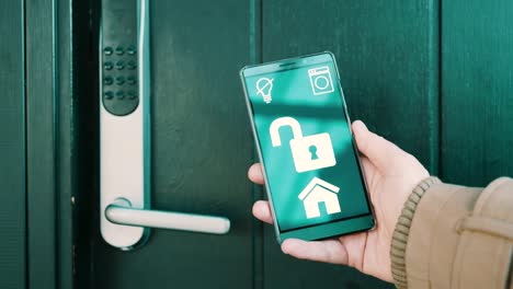 Opening-front-door-lock-with-smart-home-app-on-mobile-phone