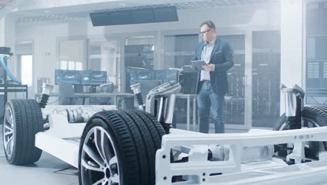 Ingeniero-de-diseño-automotriz-mirando-el-dibujo-técnico-de-un-prototipo-de-chasis-de-coche-eléctrico-en-una-tableta.-En-el-laboratorio-de-innovación,-el-marco-del-vehículo-conceptual-incluye-ruedas,-motor-y-batería.