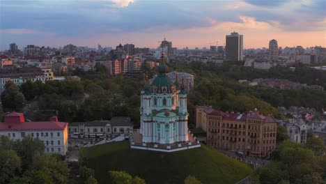 Aerial-view-of-St.-Andrew’s-Church,-historical-center,-Podolsky-district,-Kyiv,-Ukraine