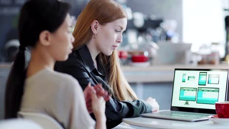 Tracking-right-shot-of-rohaired-businesswoman-looking-at-website-design-templates-presented-on-laptop-screen-von-Asian-designer-at-table-in-café