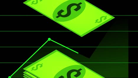 Dollar-fallen-in-einem-Haufen-auf-schwarzem-Hintergrund-grüne-Linie-Graph