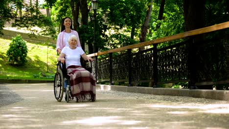 Nieta-empujando-a-la-anciana-en-el-jardín-del-hospital-en-silla-de-ruedas,-apoyo-y-cuidado