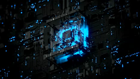 Blue-futuristic-CPU-on-board-seamless-loop-3D-render-animation