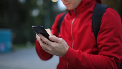 Nicht-wiedererkennbare-Person-mit-Smartphone-im-Park