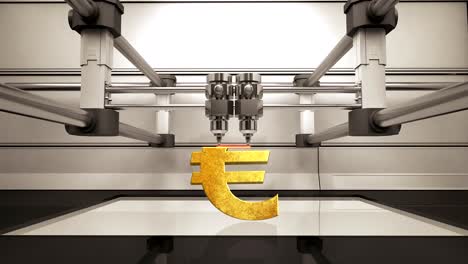 3D-printer-making-Euro-money-gold-currency-sign,-3D-scanner