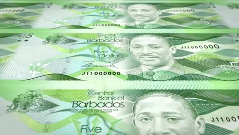 Banknotes-of-five-dollars-of-the-bank-of-Barbados-Island-rolling-on-screen,-coins-of-the-world,-cash-money,-loop