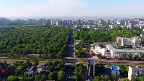 Aerial-view-of-Moscow-with-Moskva-River-from-a-modern-cable-stayed-bridge.-View-from-the-sky-on-bridge-in-the-city-and-lake