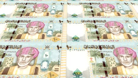 Banknoten-der-zehn-omani-Rial-von-Oman,-Bargeld,-Schleife