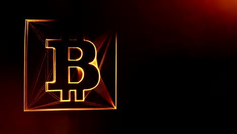 Sign-of-bitcoin-in-a-square-card.-Financial-background-made-of-glow-particles-as-vitrtual-hologram.-Shiny-3D-loop-animation-with-depth-of-field,-bokeh-and-copy-space.-Dark-background-1