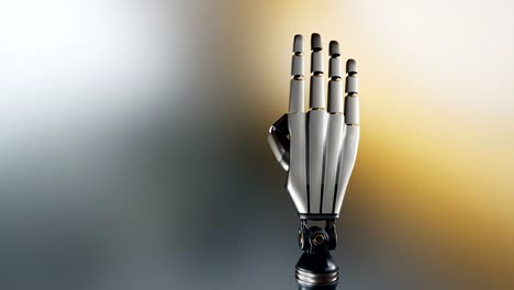 Cyborg-robotic-palm-counts-by-fingers.-Metal-shines,-abstract-dark-background,-60-fps-animation,-with-alpha-matte.