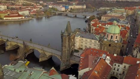 Prague,-aerial-view-of-Karlov-bridje.-Vltava-river