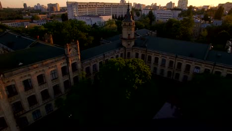 The-tower-of-the-old-university-at-sunset-Aerial