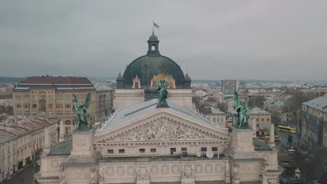 Aerial-City-Lviv,-Ukraine.-European-City.-Popular-areas-of-the-city.-Lviv-Opera