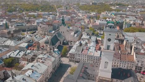 Aerial-City-Lviv,-Ukraine.-European-City.-Popular-areas-of-the-city.-Town-Hall